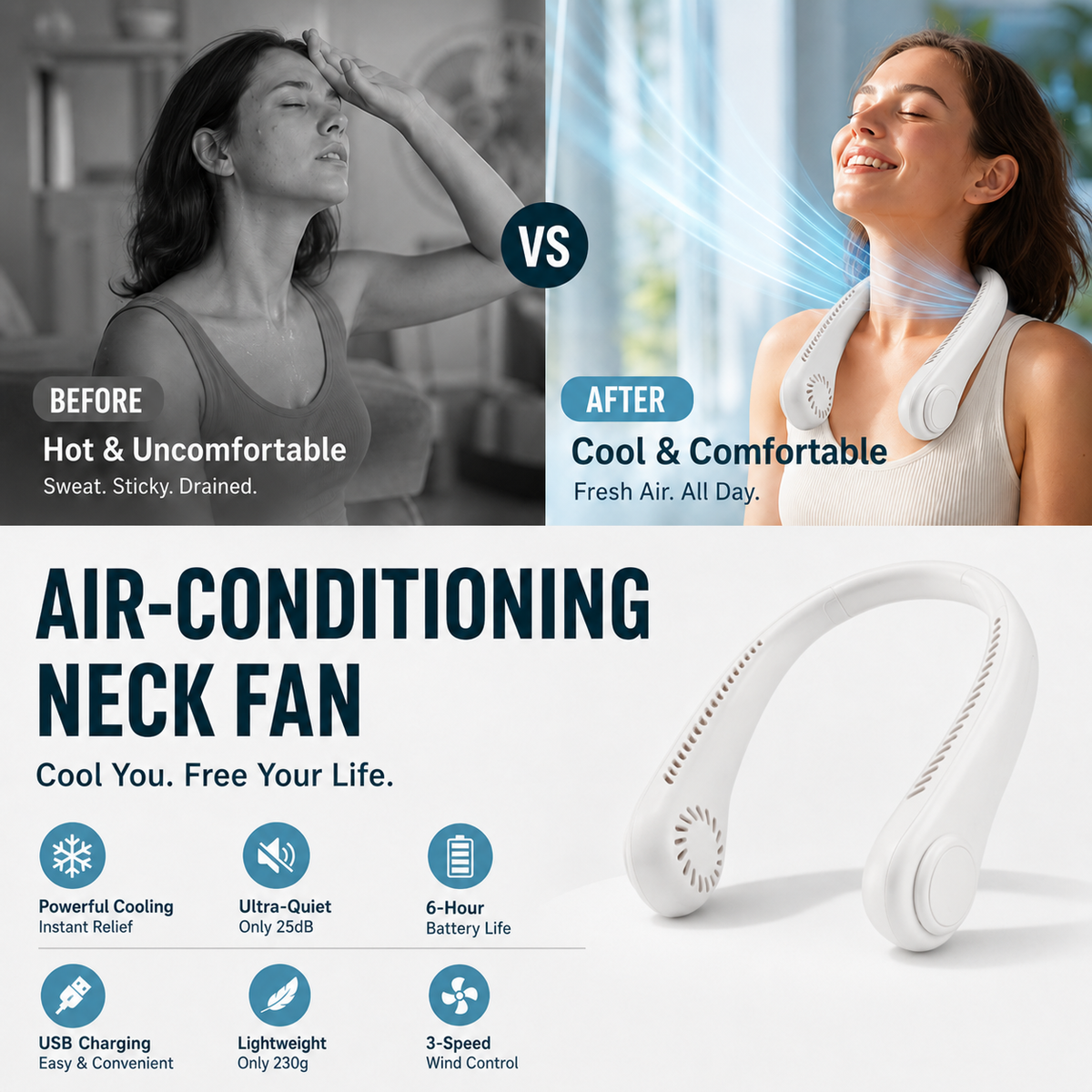 Bemloria™ 🥳 HOT SALE 🥳 50K+ SOLD! 🍃 Neck Air Conditioner Fan – Quiet, Hands-Free Cooling 😎🌬️
