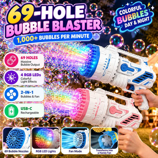 LED Bubble Rocket Blaster 69 Hole Light-Up Machine with USB Recharge