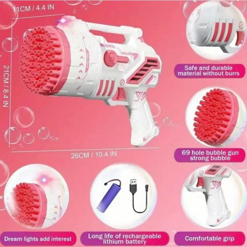 LED Bubble Rocket Blaster 69 Hole Light-Up Machine with USB Recharge