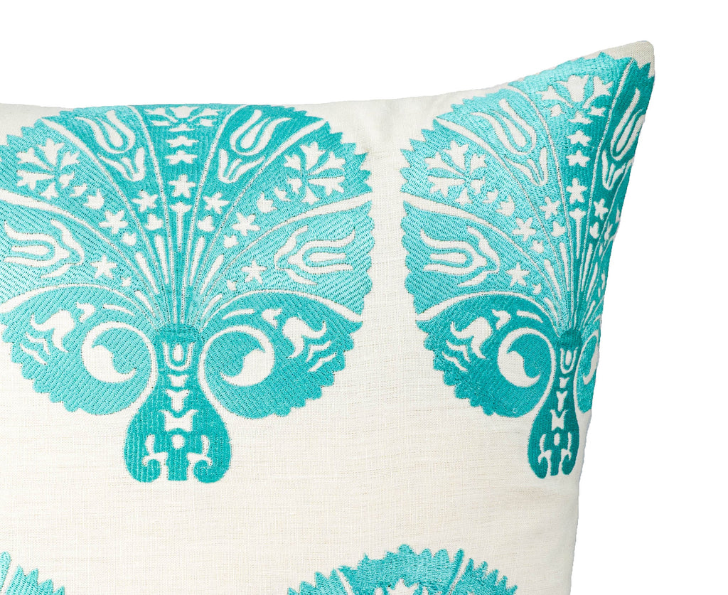 Ocean Mint Peacock Embroidered Pillow Cover, 19 x 19