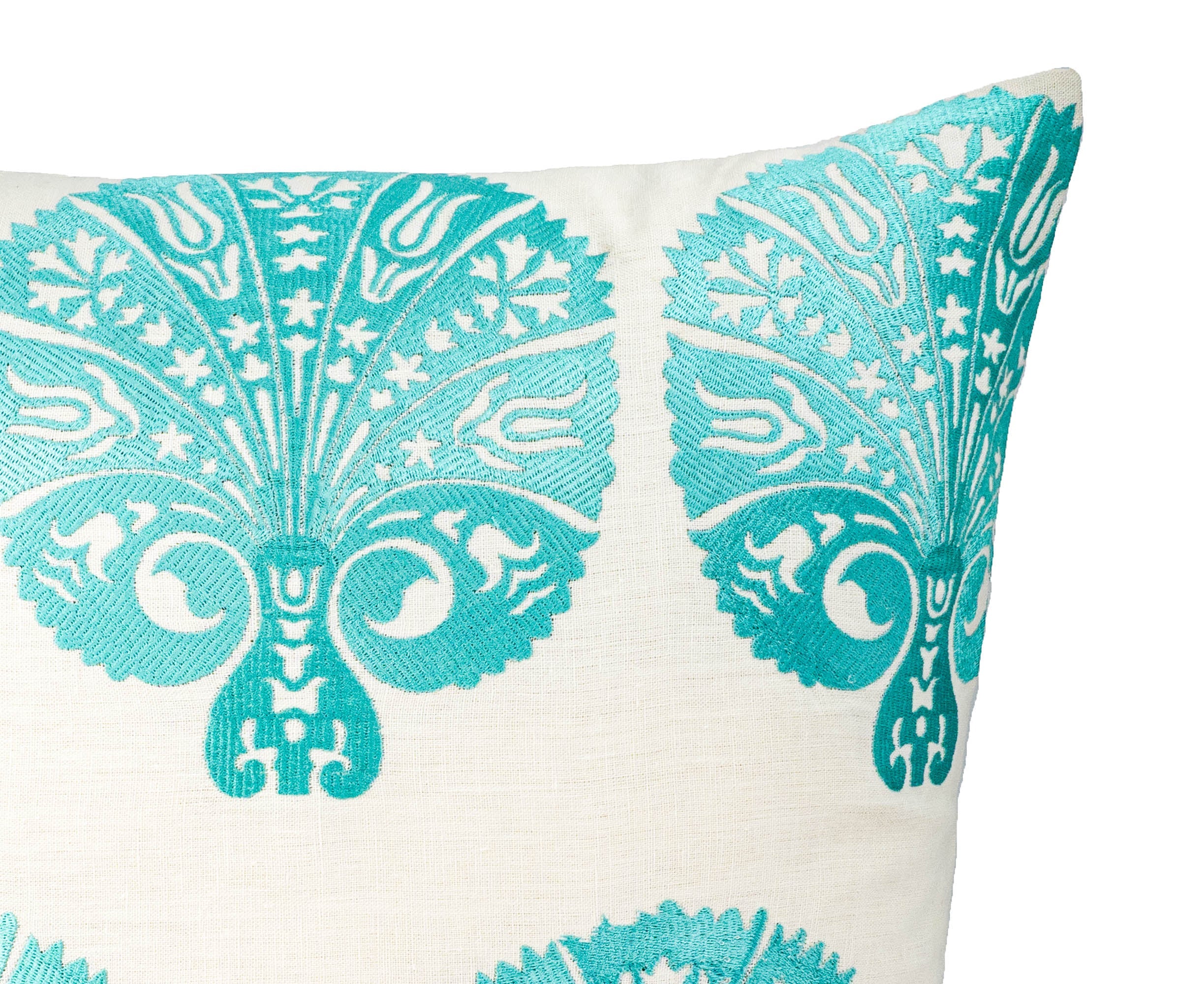 Ocean Mint Peacock Embroidered Pillow Cover, 19 x 19