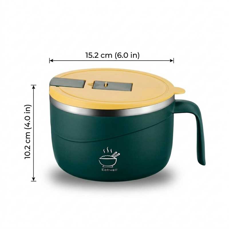 🍜1200ml 304 Stainless Steel Noodle Bowl with Lid, Handle & Phone Holder