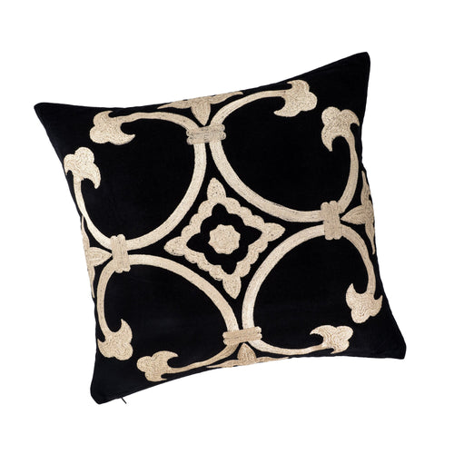 Black Velvet Pillow Cover with Gold Embroidery, 20 x 20