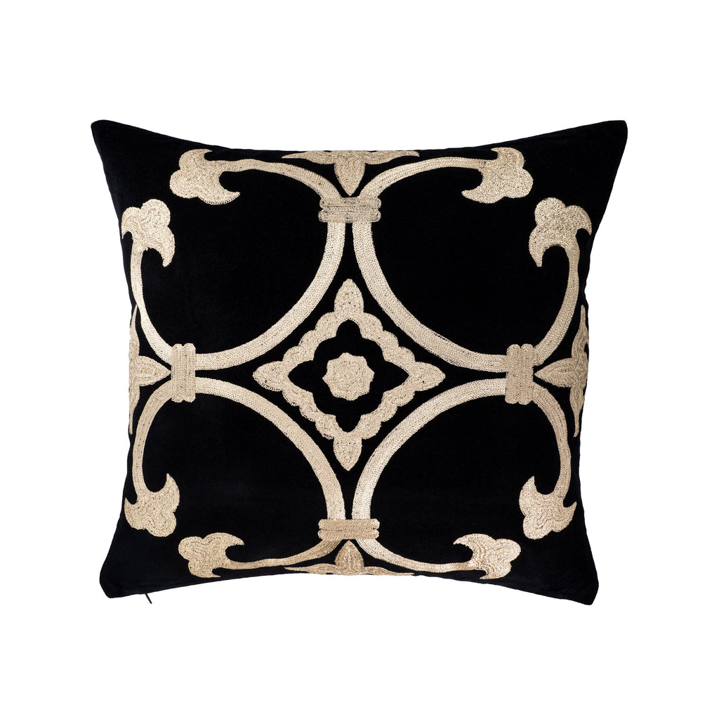 Black Velvet Pillow Cover with Gold Embroidery, 20 x 20