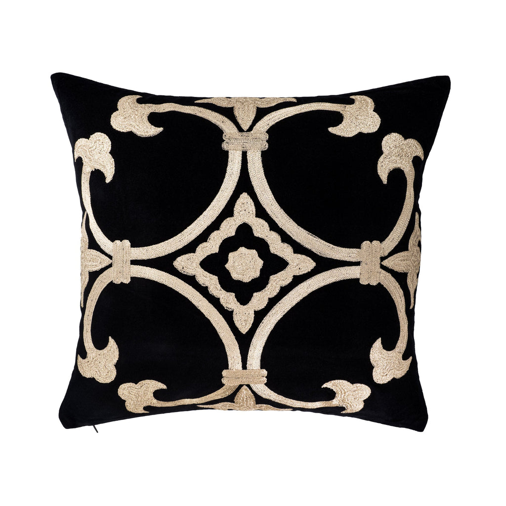 Black Velvet Pillow Cover with Gold Embroidery, 20 x 20