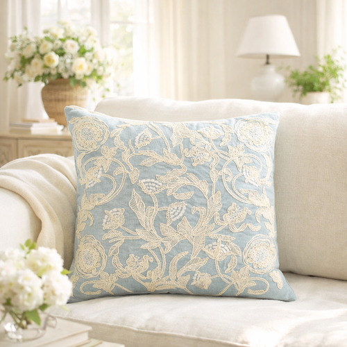 Deauville Embroidered Linen Pillow Cover, 18 x 18