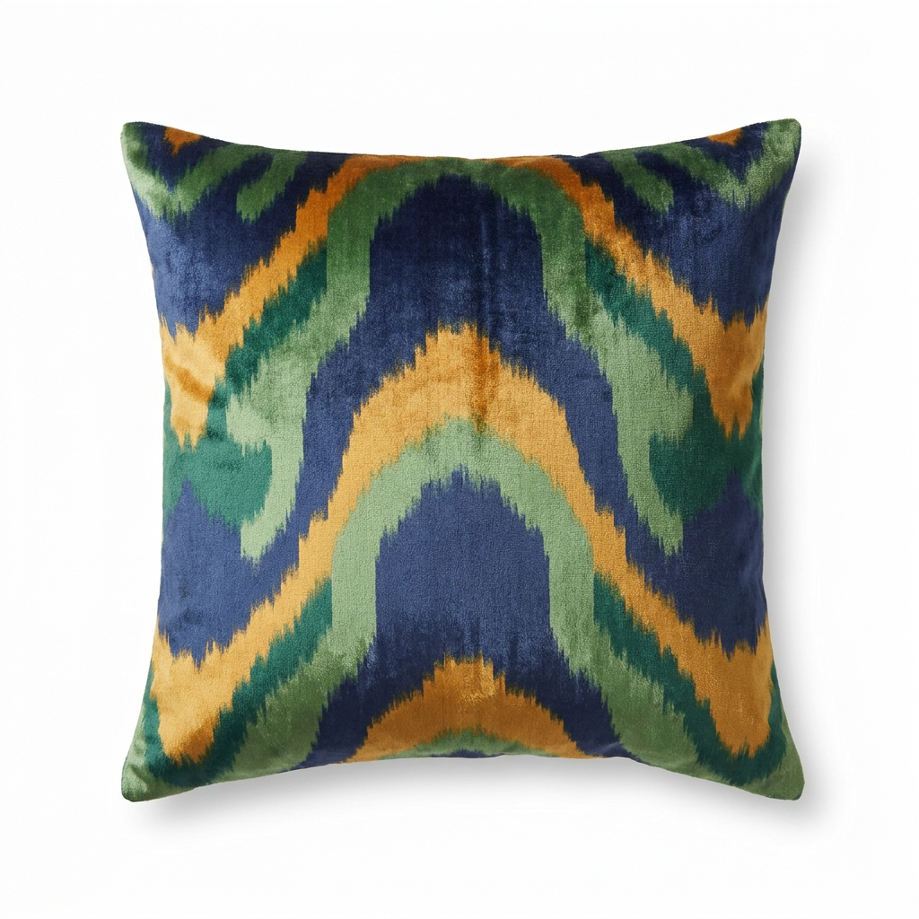 Green, amber and blue silk velvet ikat pillow cover, front view