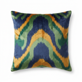 Green, amber and blue silk velvet ikat pillow cover, front view