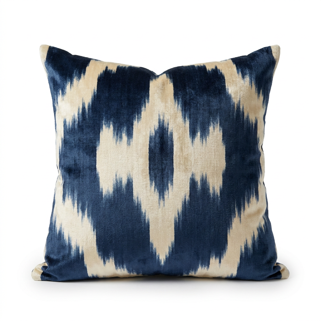 Navy and cream silk velvet ikat pillow cover, front view
