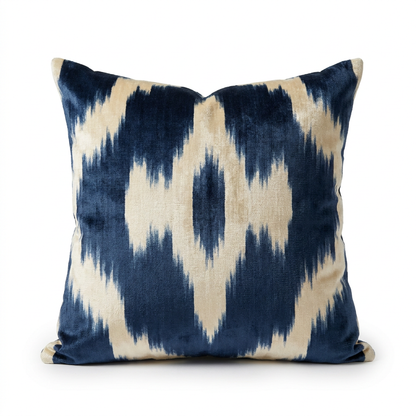 Navy and cream silk velvet ikat pillow cover, front view