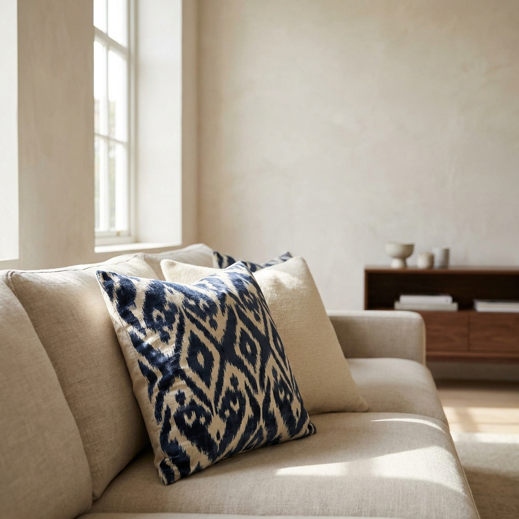 Navy ikat pillow styled on an oatmeal linen sofa