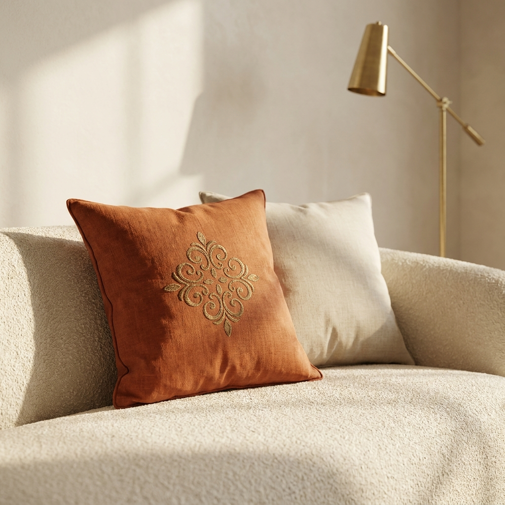 Orange embroidered pillow styled on a cream sofa
