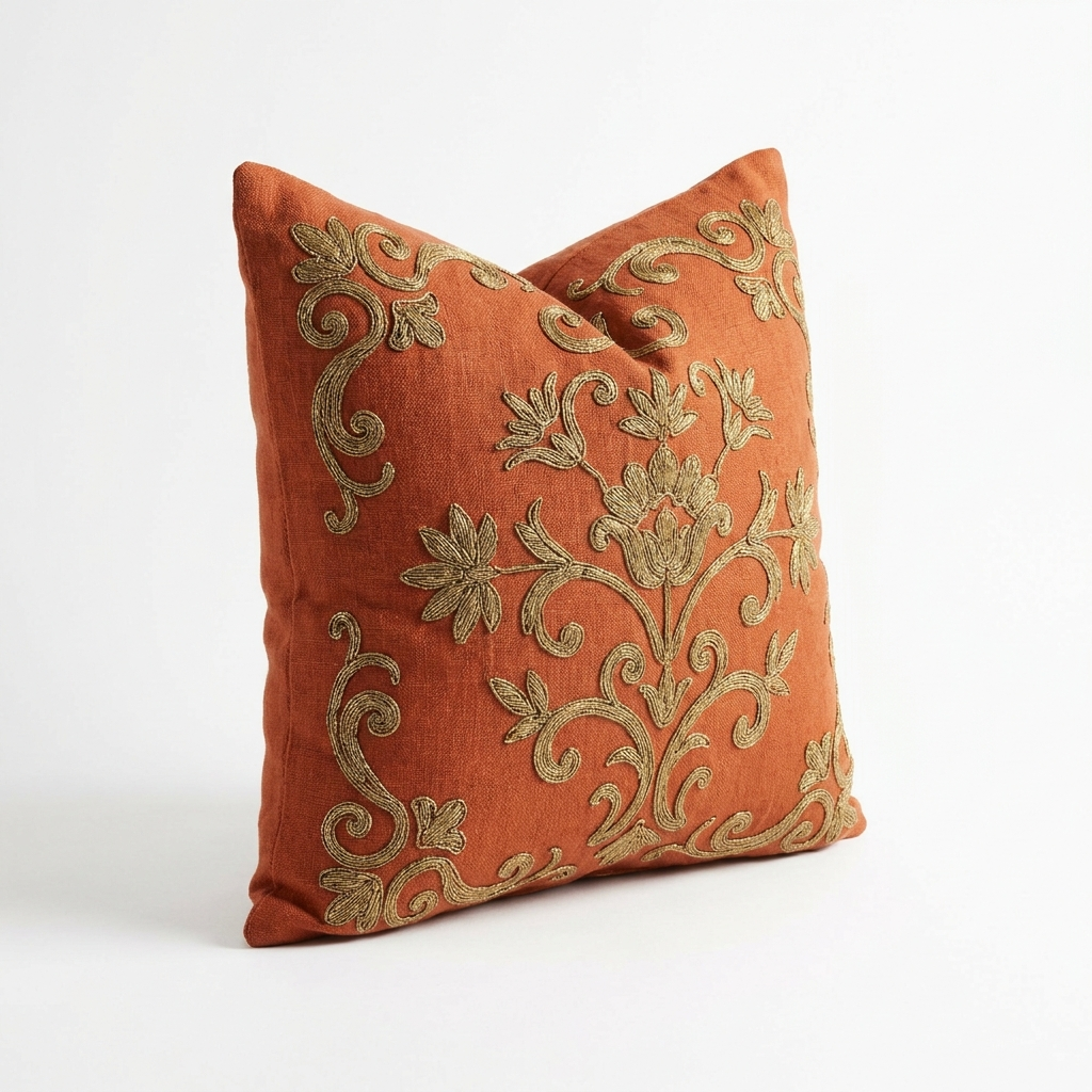 Orange linen pillow cover, angled view showing the raised gold stitching