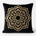 Black velvet pillow cover with antique gold embroidery, front view