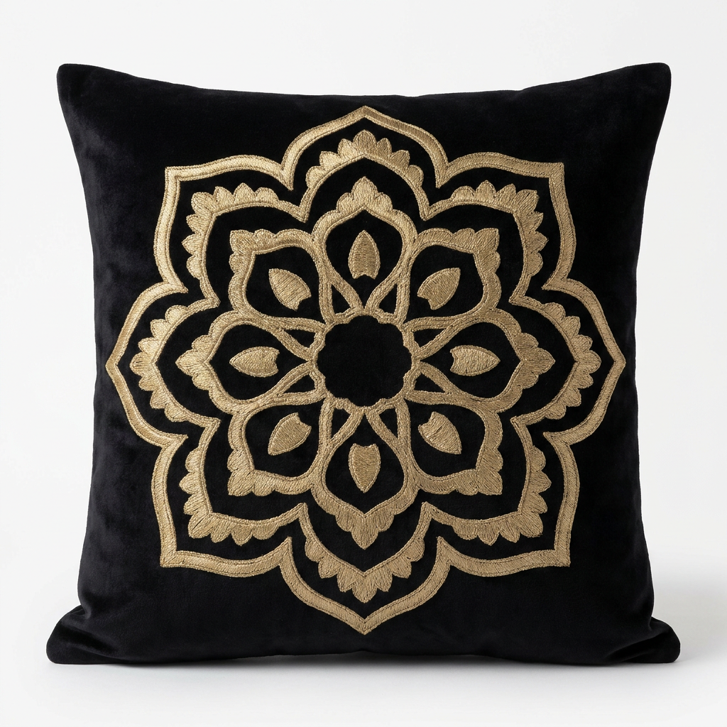 Black velvet pillow cover with antique gold embroidery, front view