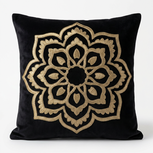 Black velvet pillow cover with antique gold embroidery, front view
