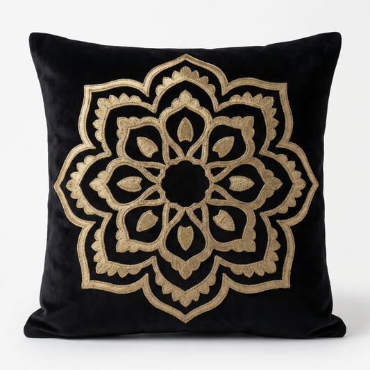 Black velvet pillow cover with antique gold embroidery, front view