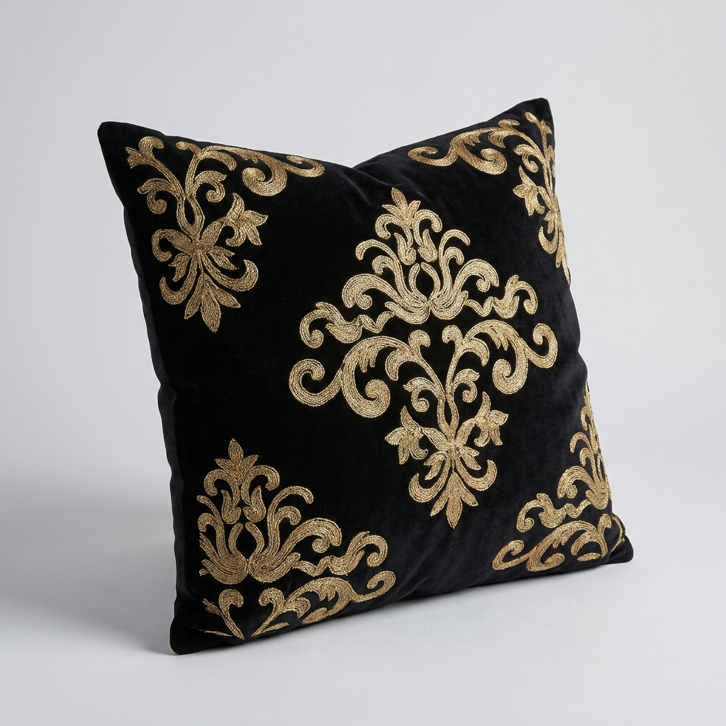 Black velvet pillow cover, angled view showing the raised gold stitching