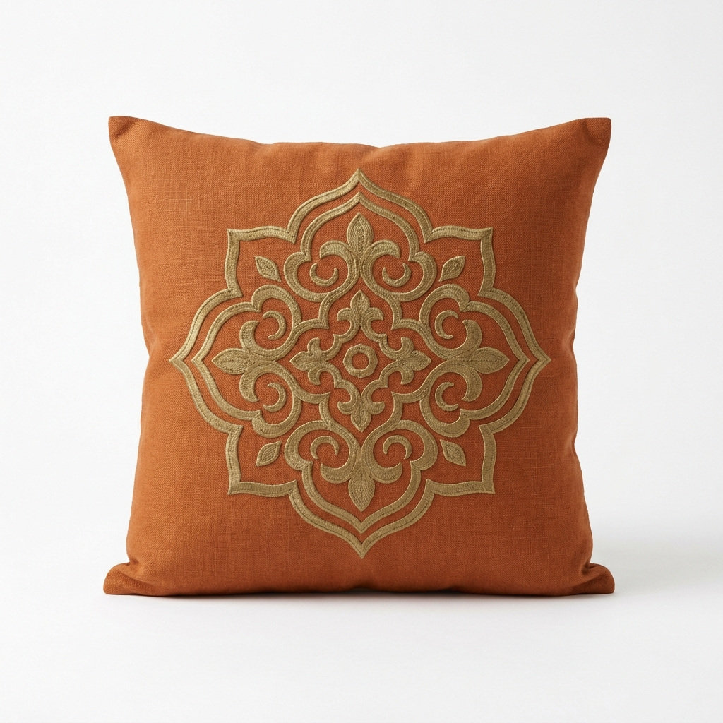 Burnt-orange linen pillow cover with antique gold embroidery, front view