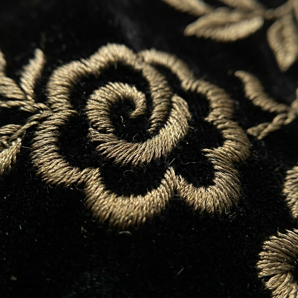 Close-up of gold embroidery on black velvet