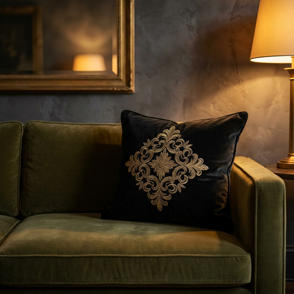 Black embroidered pillow styled on an olive velvet sofa