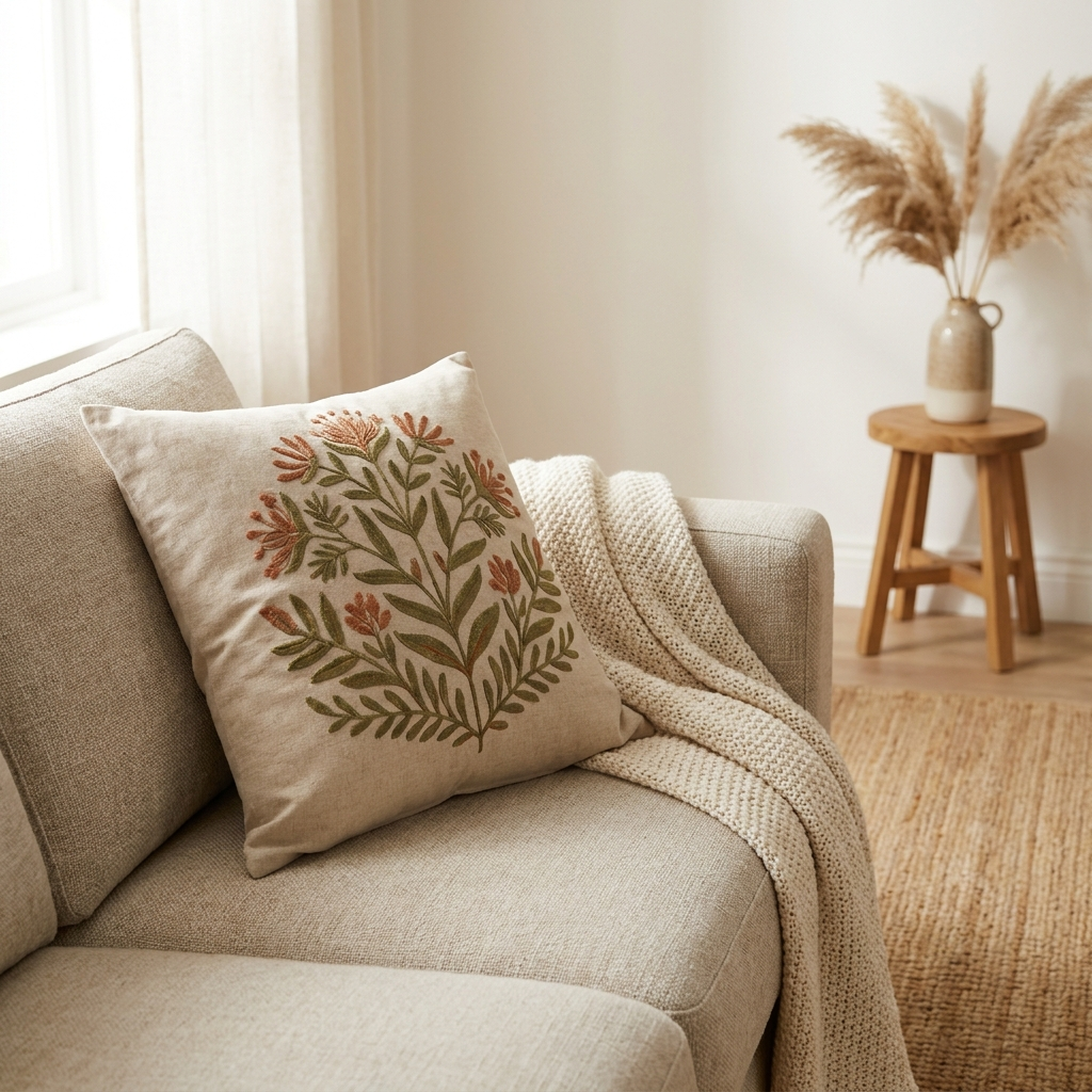 Botanical embroidered pillow styled on an oatmeal sofa
