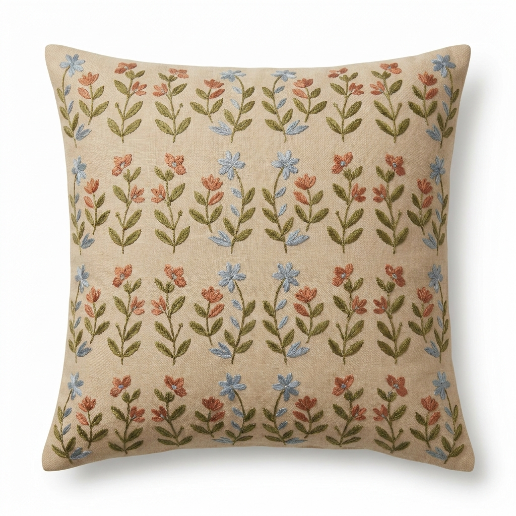 Beige linen pillow cover with botanical silk embroidery, front view