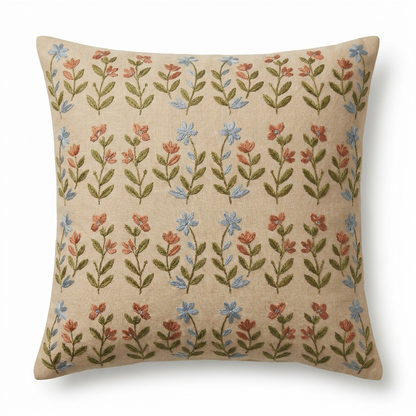 Beige linen pillow cover with botanical silk embroidery, front view