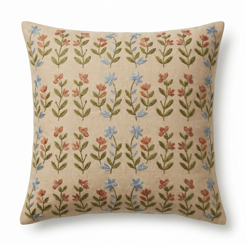 Beige linen pillow cover with botanical silk embroidery, front view