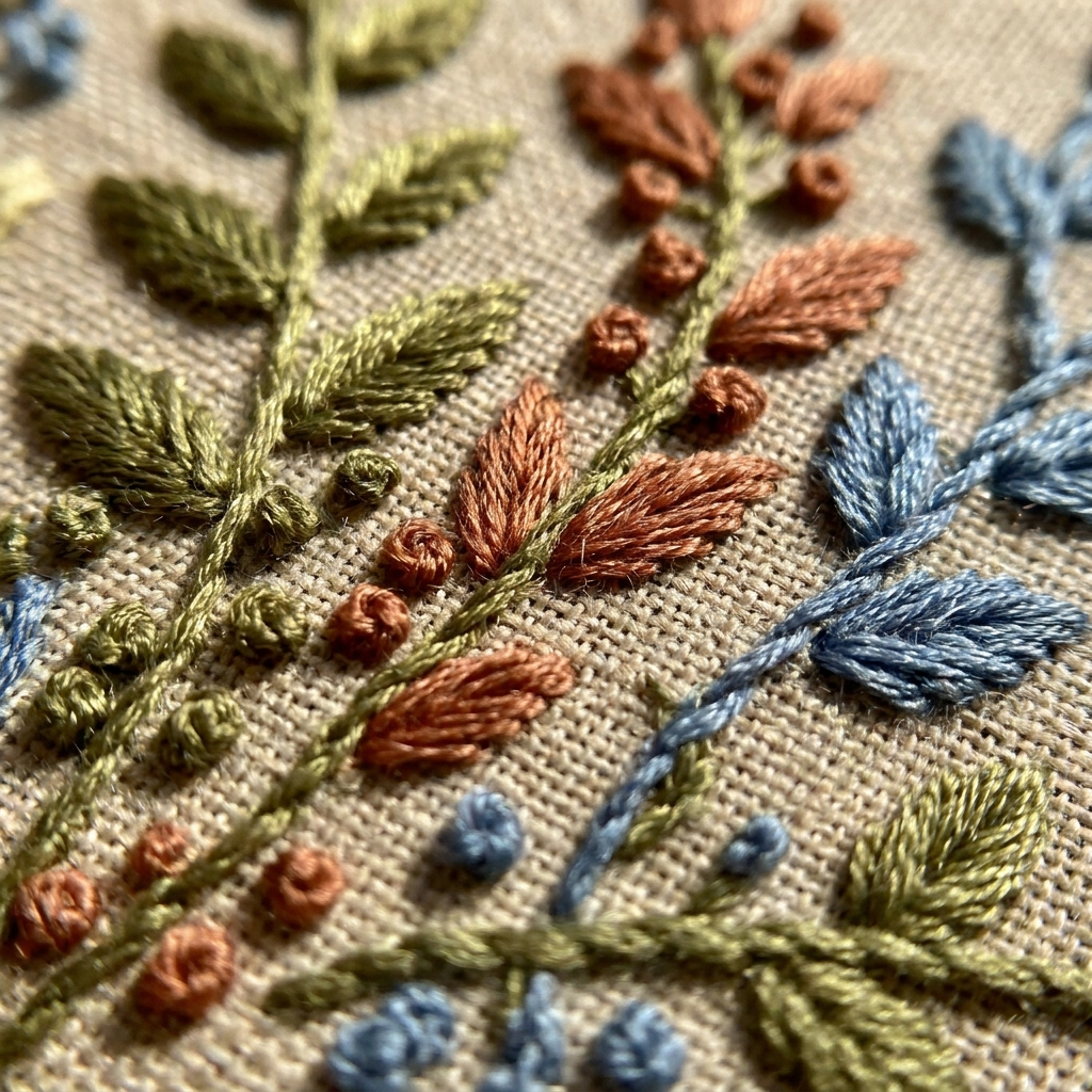 Close-up of olive and terracotta silk embroidery on linen