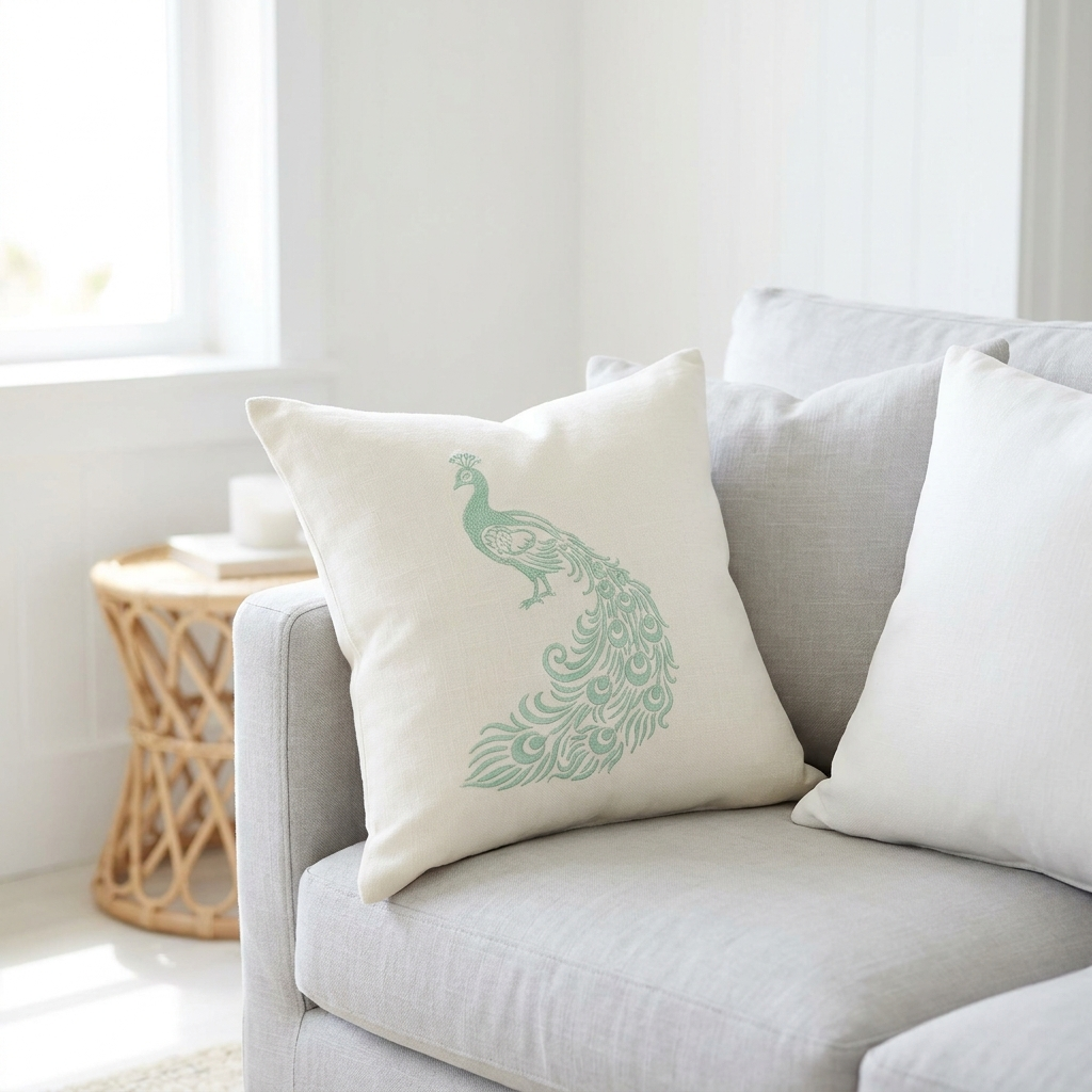 Mint peacock pillow styled on a pale grey sofa