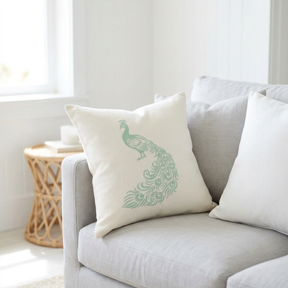 Mint peacock pillow styled on a pale grey sofa