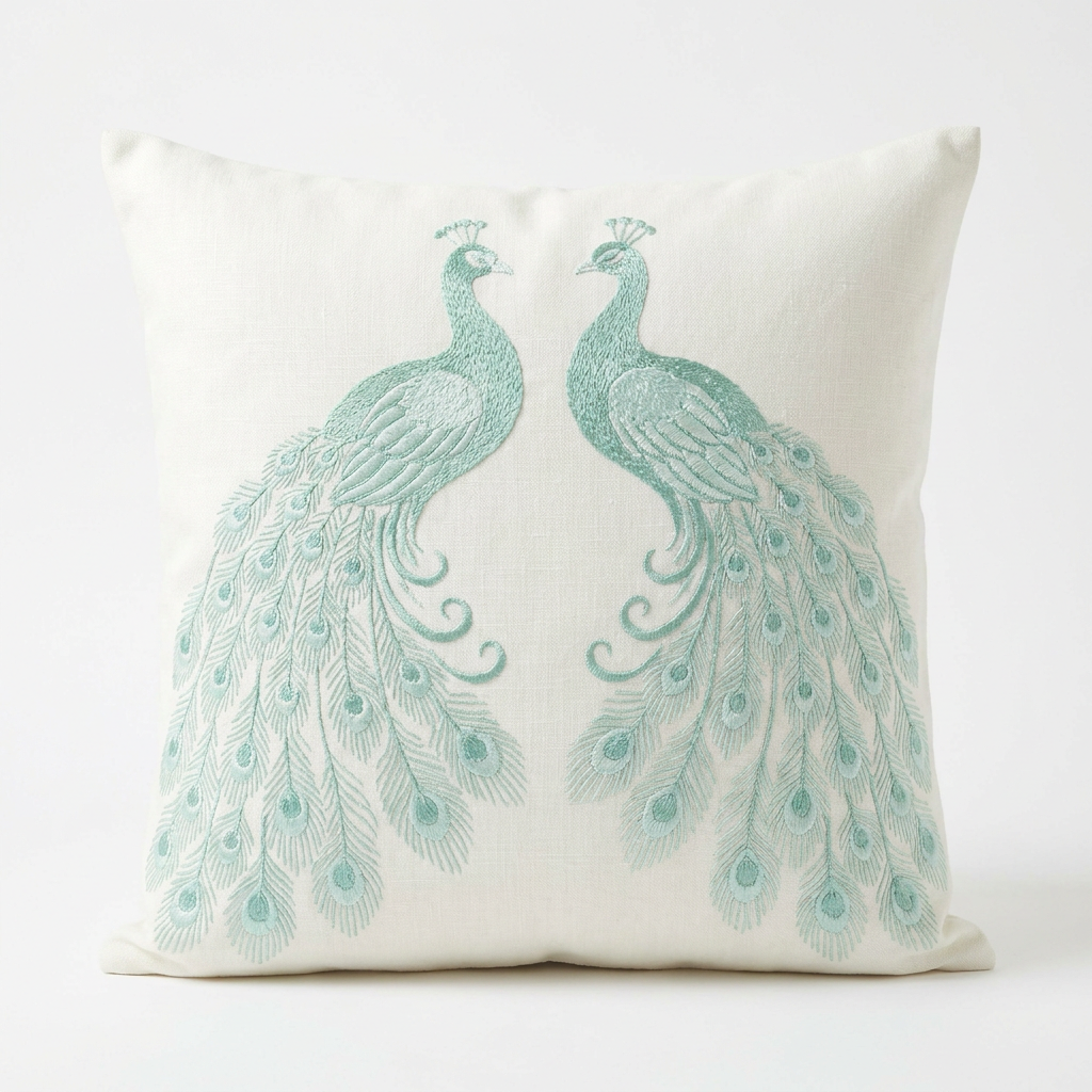 Ivory linen pillow cover with ocean-mint peacock silk embroidery, front view