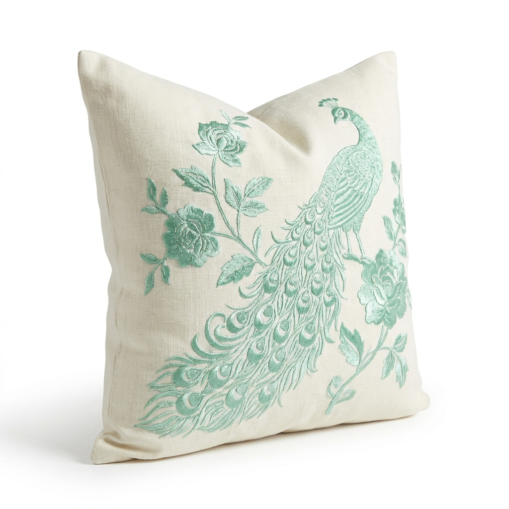 Mint peacock embroidered pillow cover, angled view