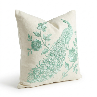 Mint peacock embroidered pillow cover, angled view