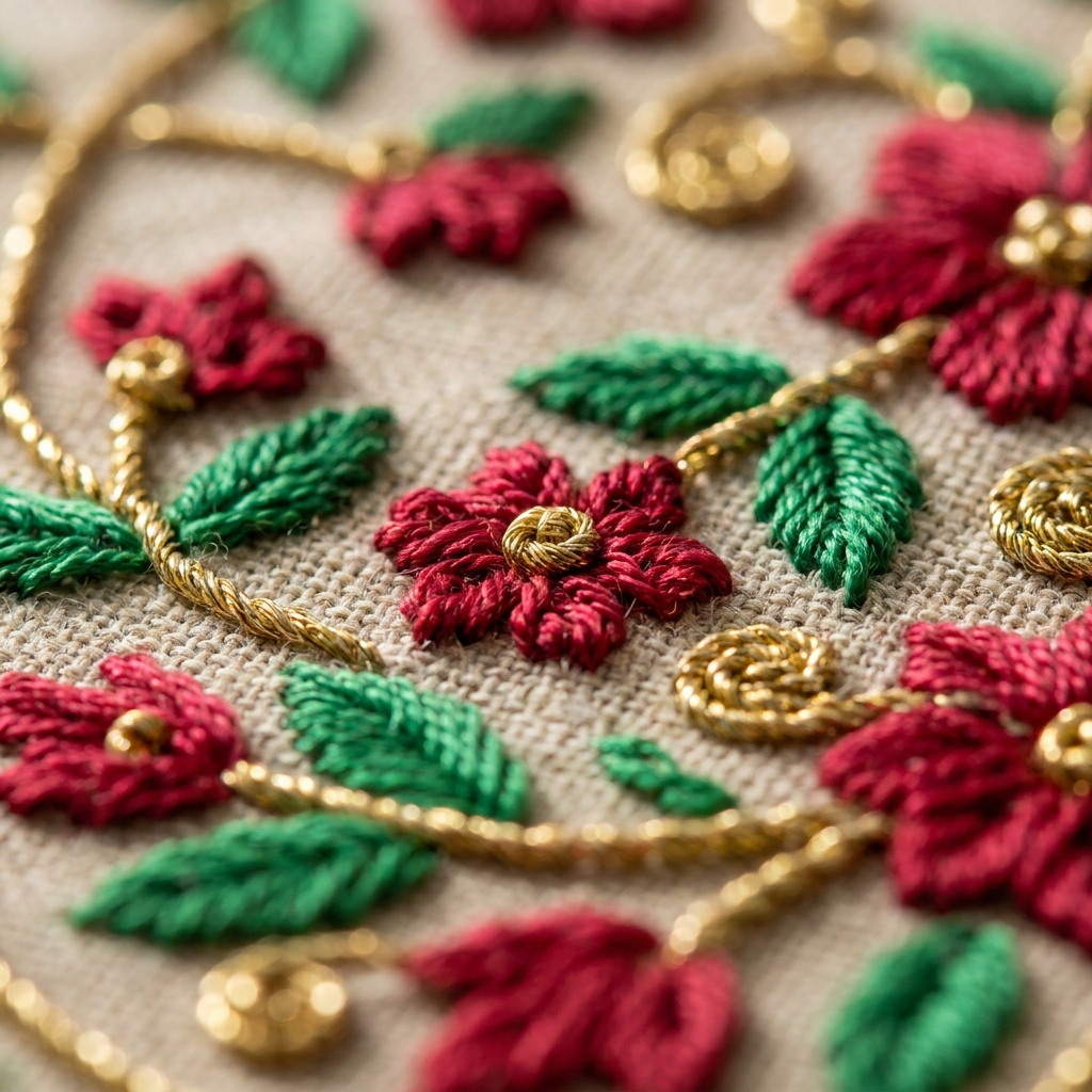 Close-up of silk and gold metallic embroidery on linen