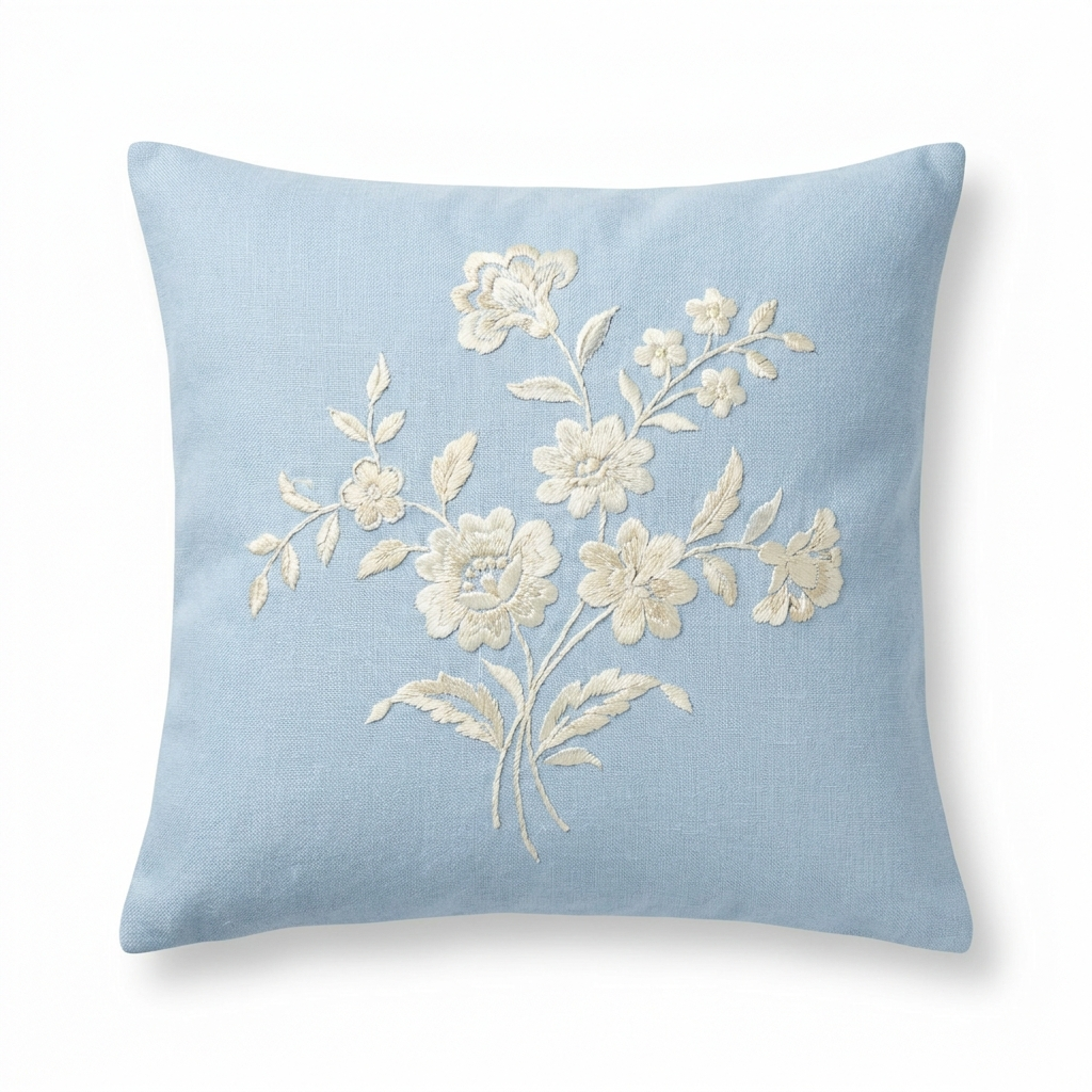 Baby-blue linen pillow cover with ivory silk floral embroidery, front view