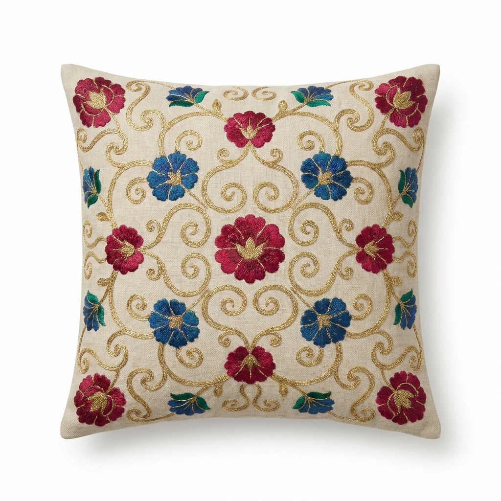 Neutral linen pillow cover with jewel-toned floral and gold embroidery, front view