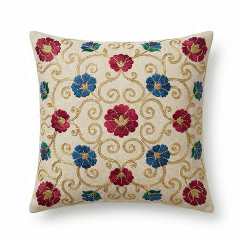 Neutral linen pillow cover with jewel-toned floral and gold embroidery, front view