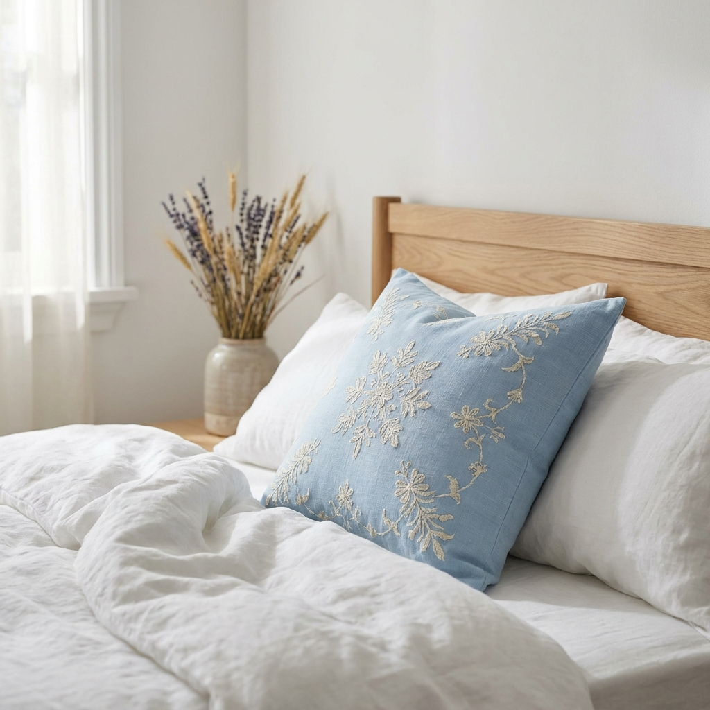 Baby-blue embroidered pillow styled on white bedding