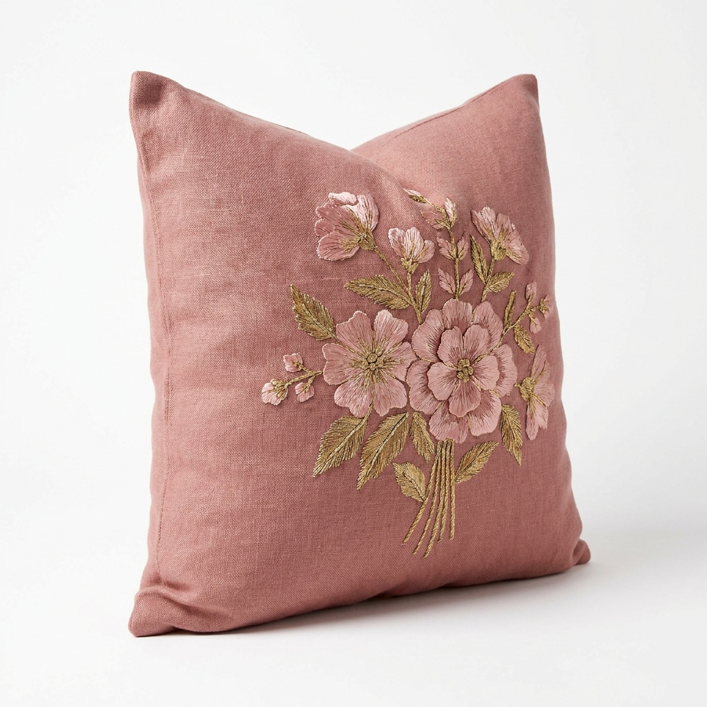 Dusty-rose embroidered pillow cover, angled view