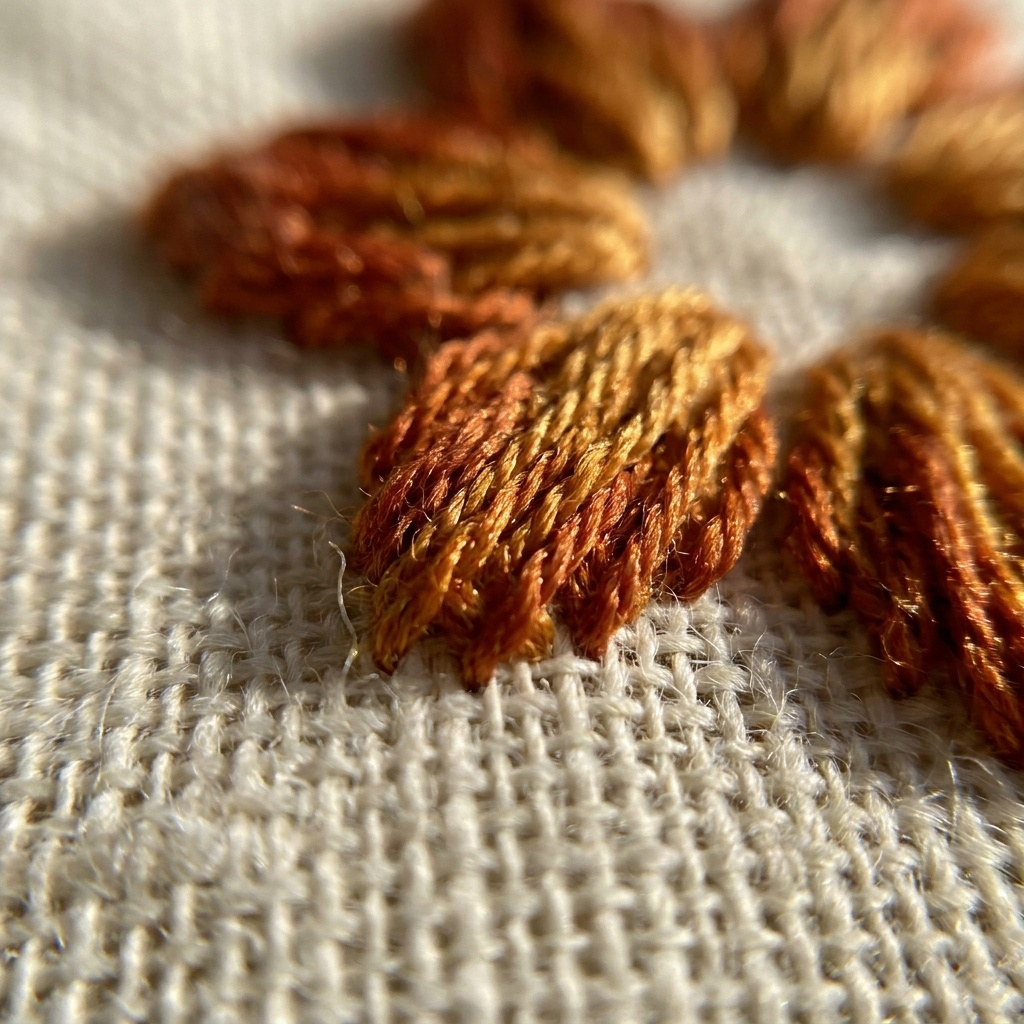 Close-up of burnt-orange silk embroidery on ivory linen