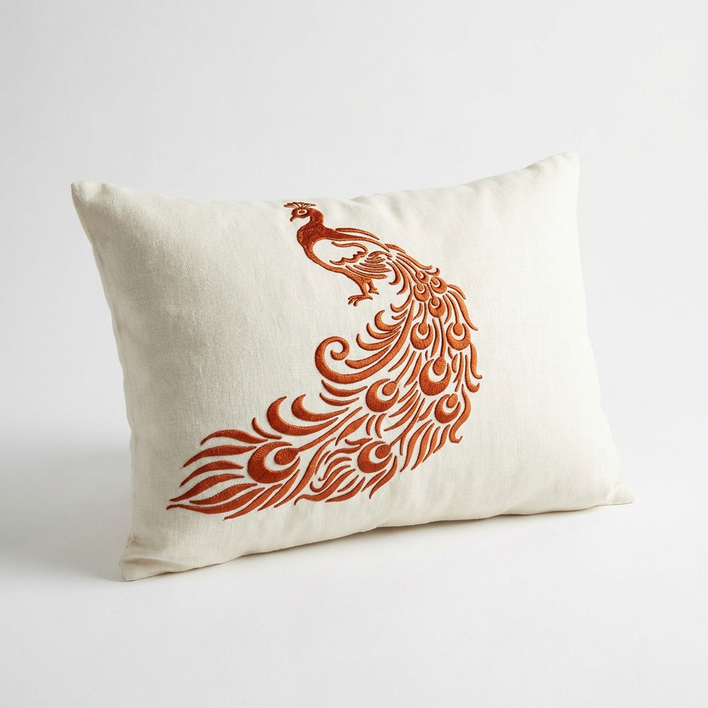 Orange peacock embroidered pillow cover, angled view