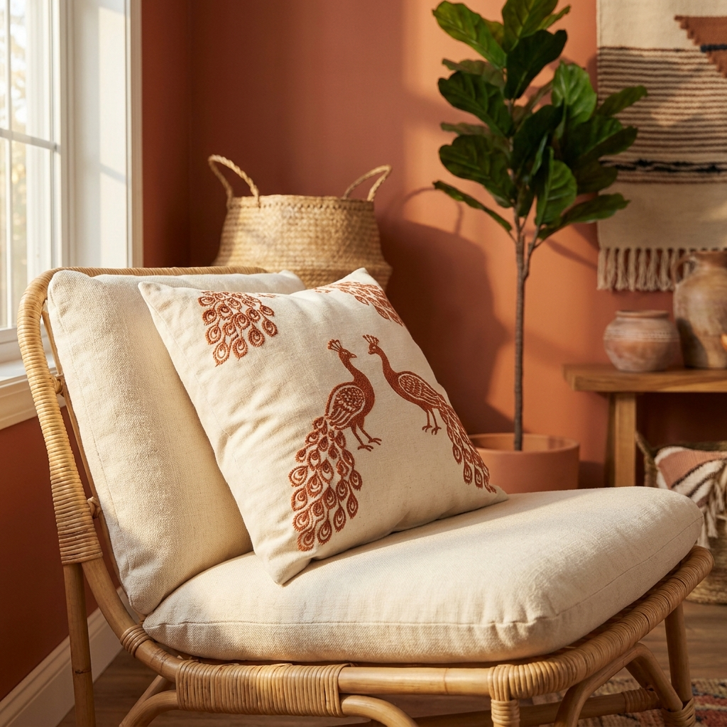 Orange peacock pillow styled on a rattan lounge chair
