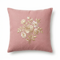 Dusty-rose linen pillow cover with silk and gold floral embroidery, front view