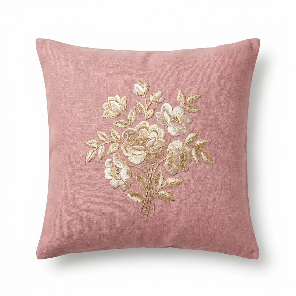 Dusty-rose linen pillow cover with silk and gold floral embroidery, front view