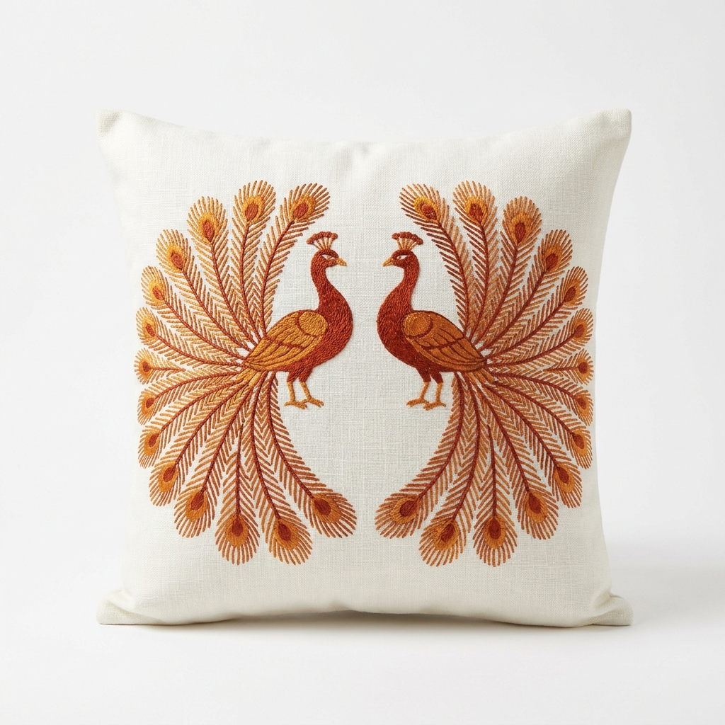 Ivory linen pillow cover with burnt-orange peacock silk embroidery, front view