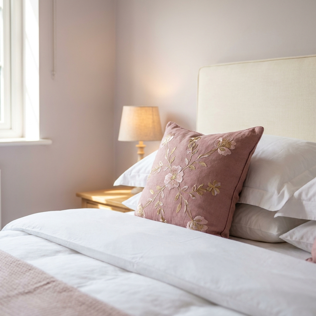 Dusty-rose embroidered pillow styled on white bedding
