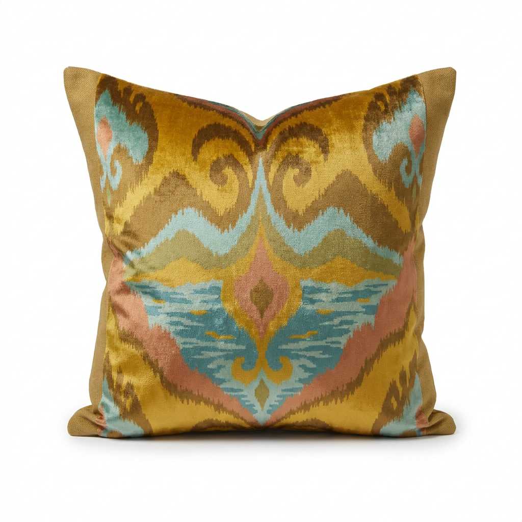 Mustard, bronze and aqua silk velvet ikat pillow cover, front view
