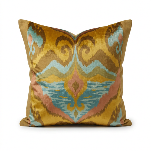 Mustard, bronze and aqua silk velvet ikat pillow cover, front view